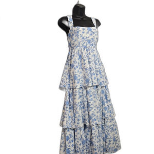 August Sky Women’s Tiered Ruffle Floral Midi/Maxi Teal Legnth Dress Size M